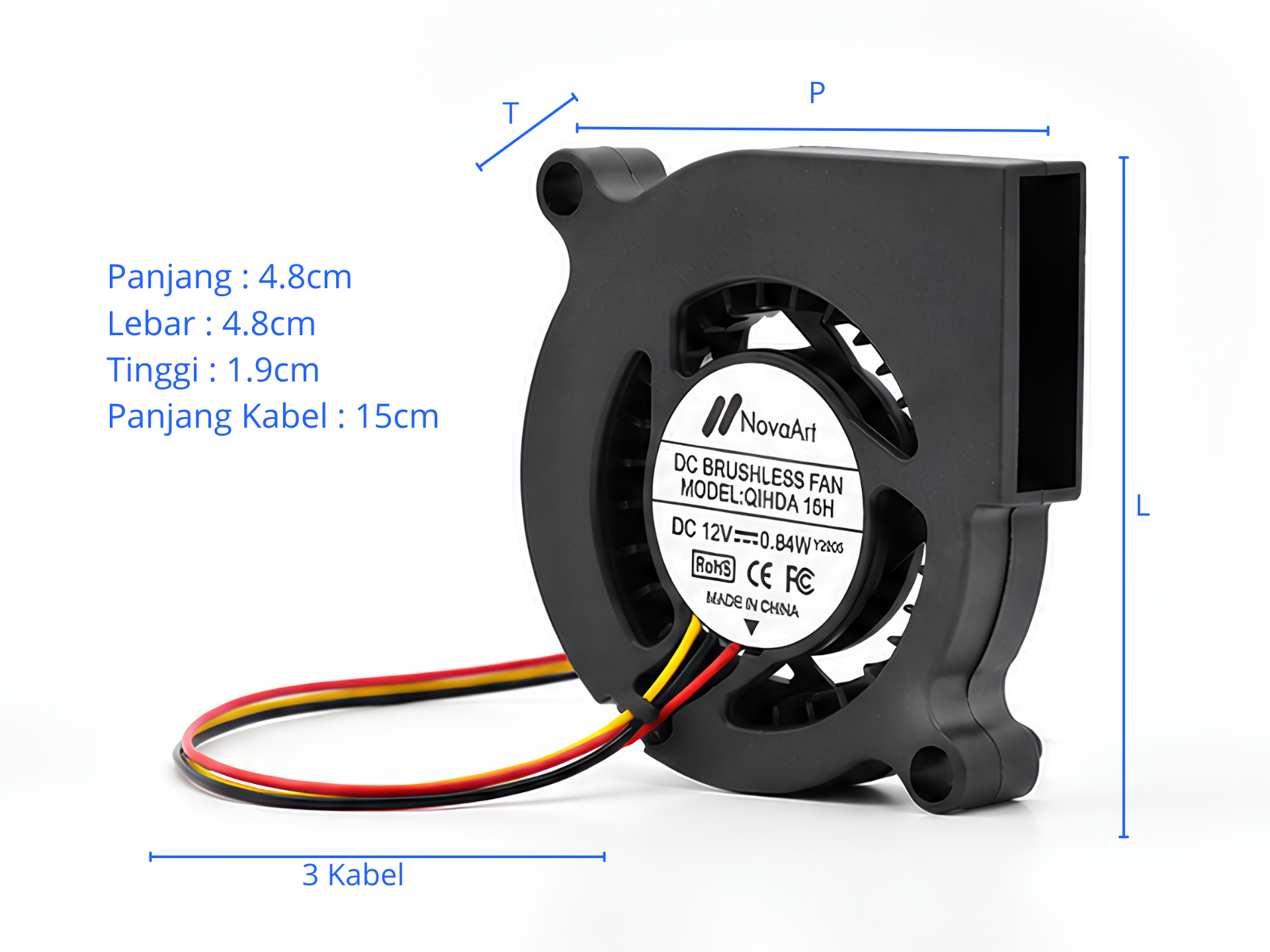 NovaArt DC Brushless Blower Fan 12V 0.84W – 48×48×19mm, 3 Kabel gallery thumbnail 5